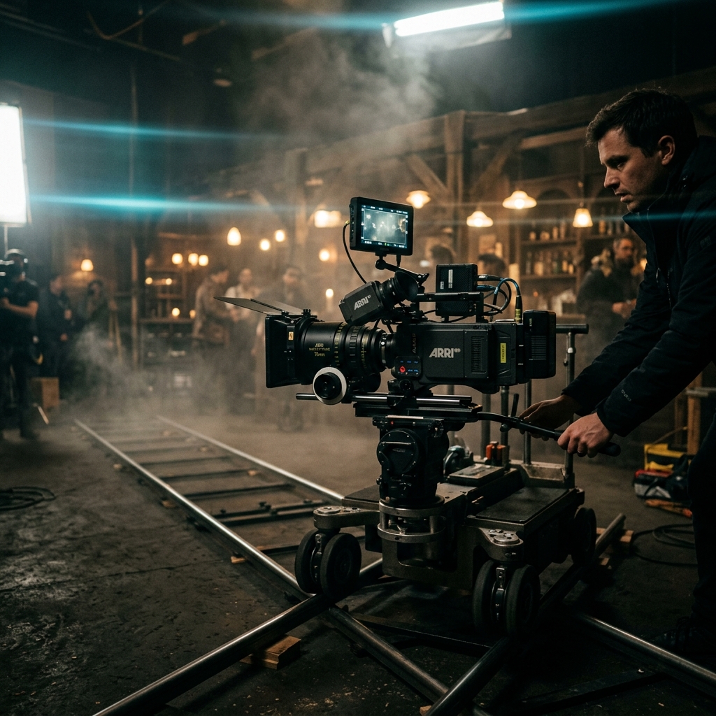 Professional cinema camera on a dramatic film set with volumetric lighting